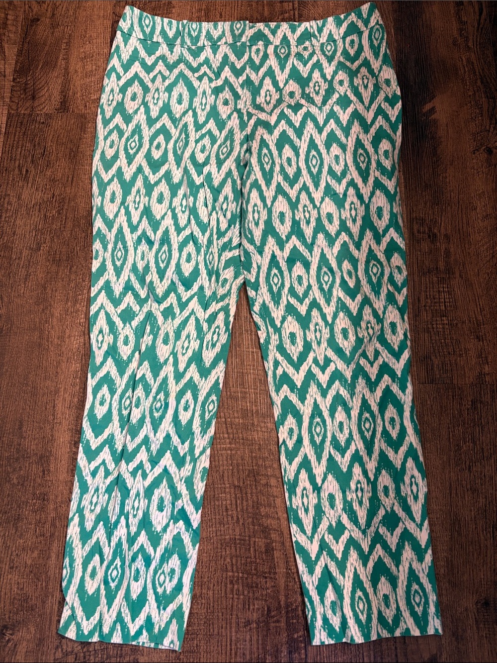 Chico's Teal Green and White Cropped Ankle Ikat Printed Pants Waist 32